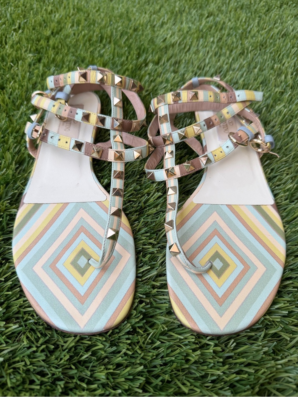 Valentino Garavani Pastel Geo Print Studded T-Strap Sandals
